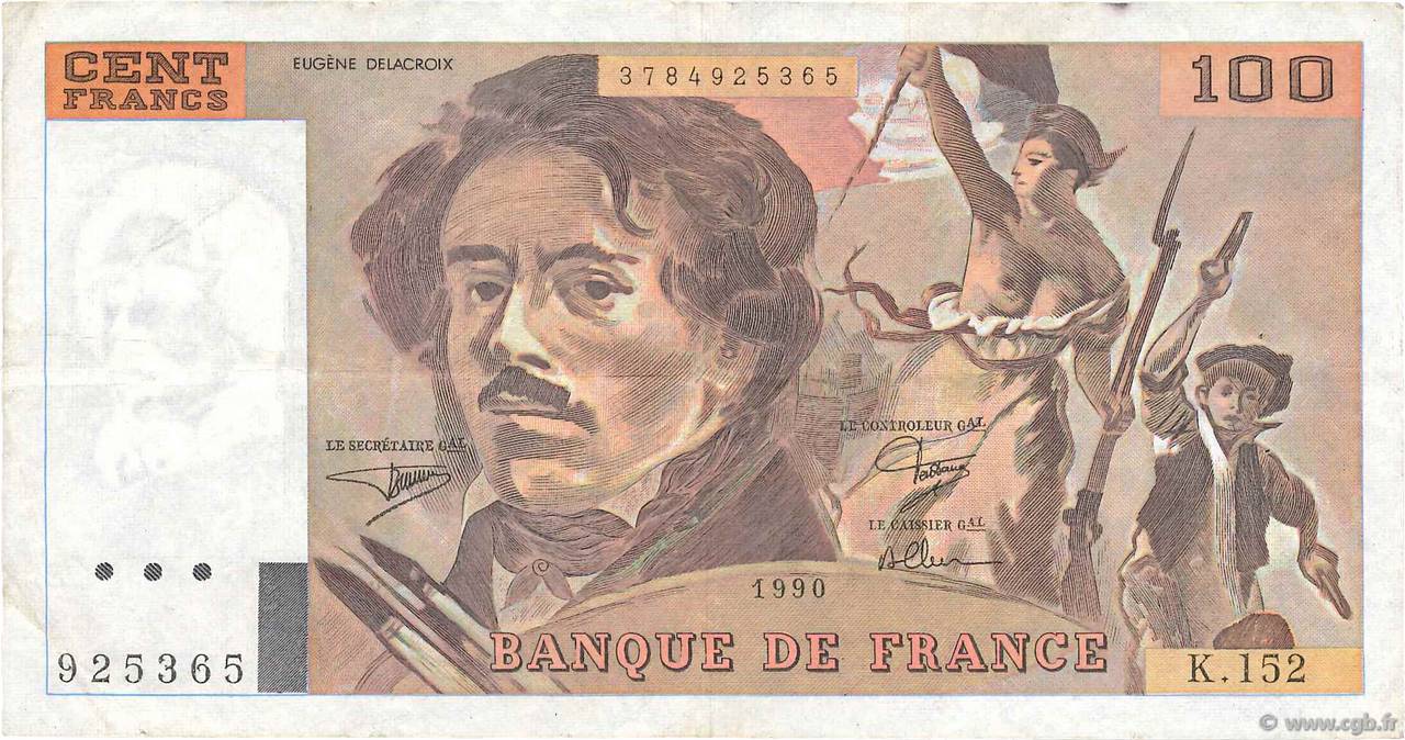 100 Francs DELACROIX imprimé en continu FRANCE  1990 F.69bis.02a TTB