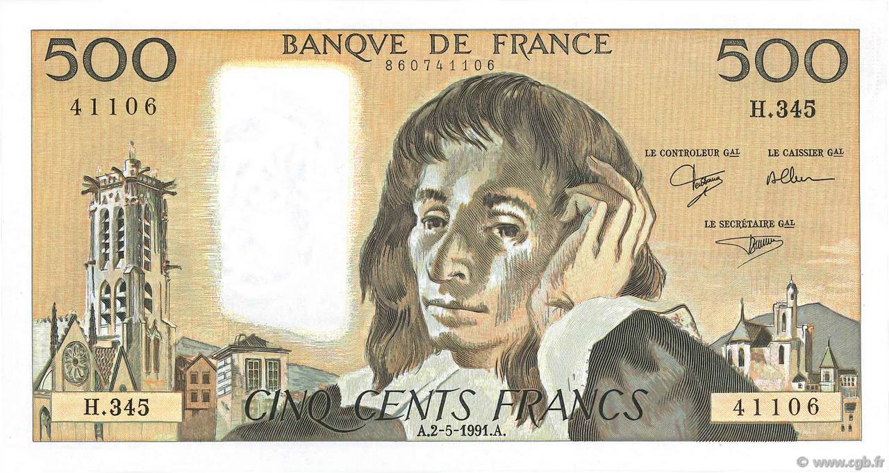 500 Francs PASCAL FRANCE  1991 F.71.47 pr.SPL