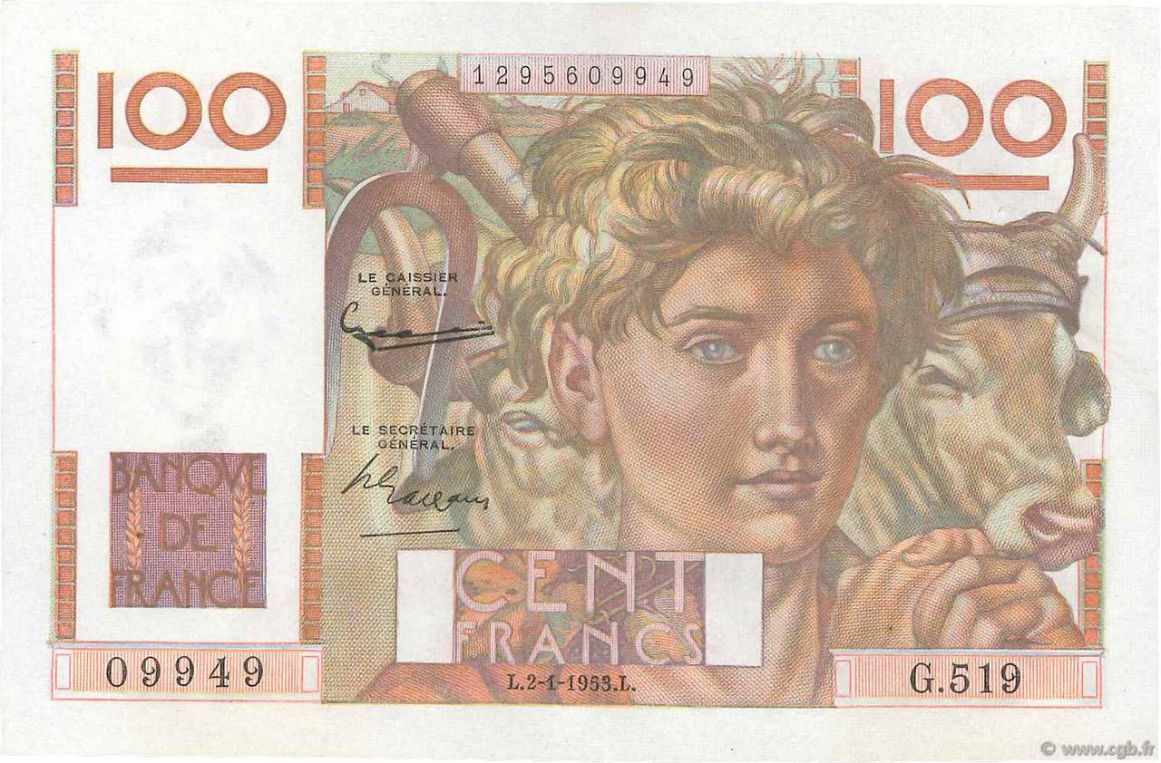 100 Francs JEUNE PAYSAN FRANCIA  1953 F.28.35 AU