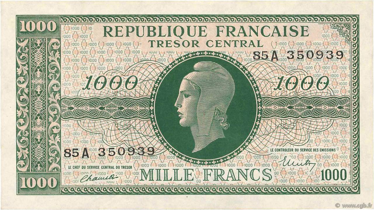 1000 Francs MARIANNE BANQUE D ANGLETERRE FRANCIA  1945 VF.12.01 EBC+