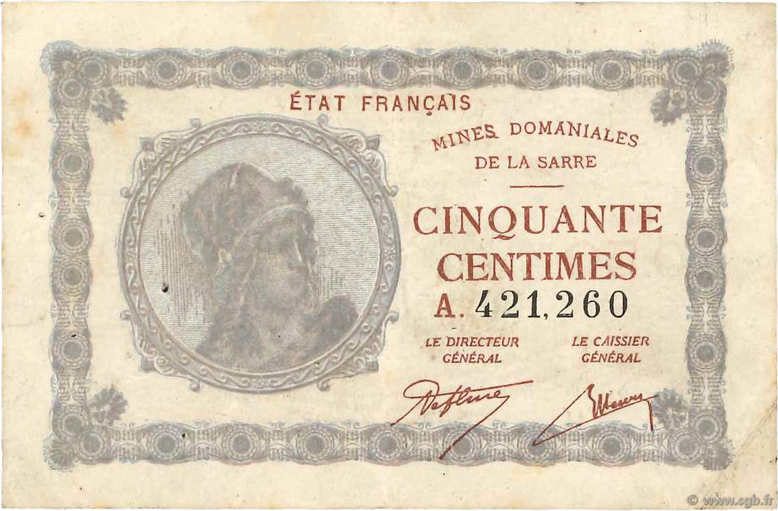 50 Centimes MINES DOMANIALES DE LA SARRE FRANCE  1920 VF.50.01 TB+