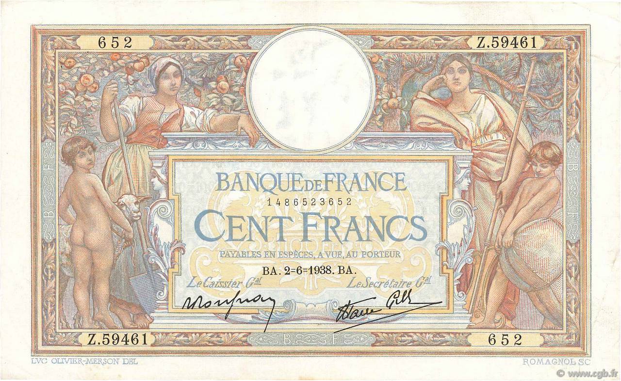 100 Francs LUC OLIVIER MERSON type modifié FRANCE  1938 F.25.21 TTB