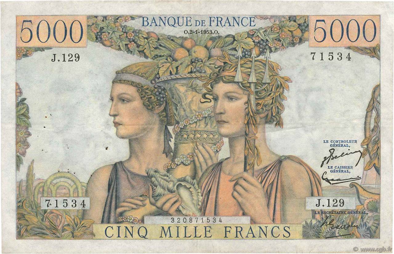 5000 Francs TERRE ET MER FRANCE  1953 F.48.08 pr.TTB
