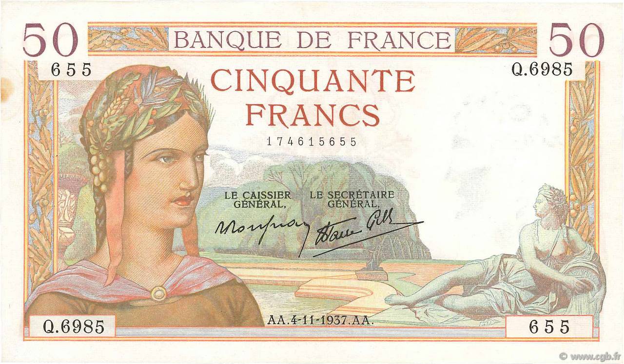 50 Francs CÉRÈS modifié FRANCE  1937 F.18.04 XF+