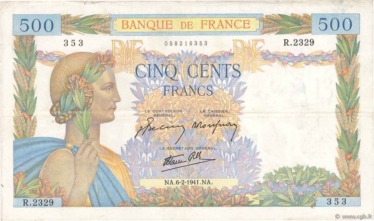 500 Francs LA PAIX FRANCE  1941 F.32.14 TB+