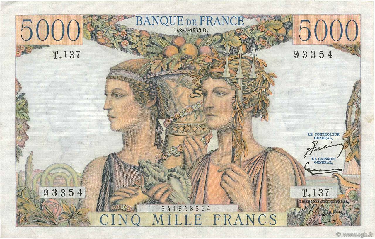 5000 Francs TERRE ET MER FRANCE  1953 F.48.09 TTB
