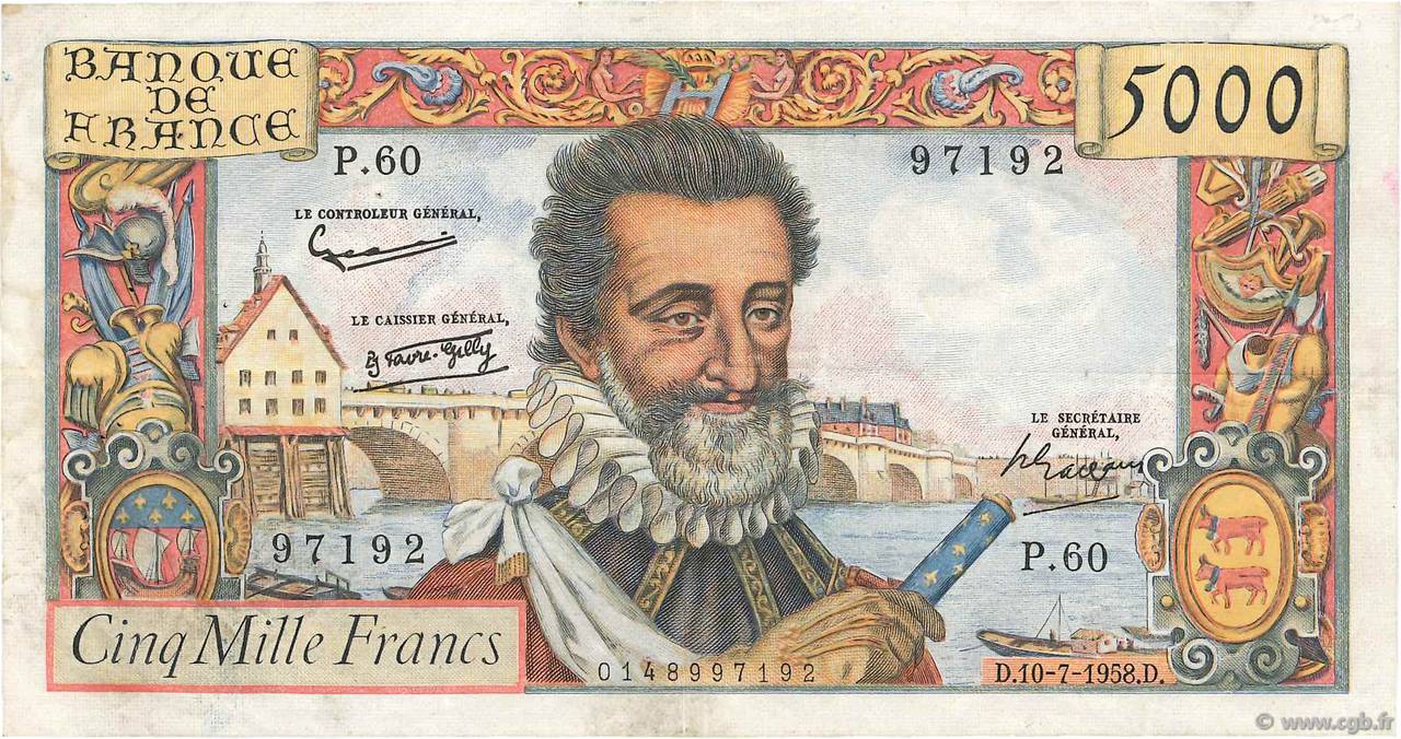 5000 Francs HENRI IV FRANCE  1958 F.49.07 F+
