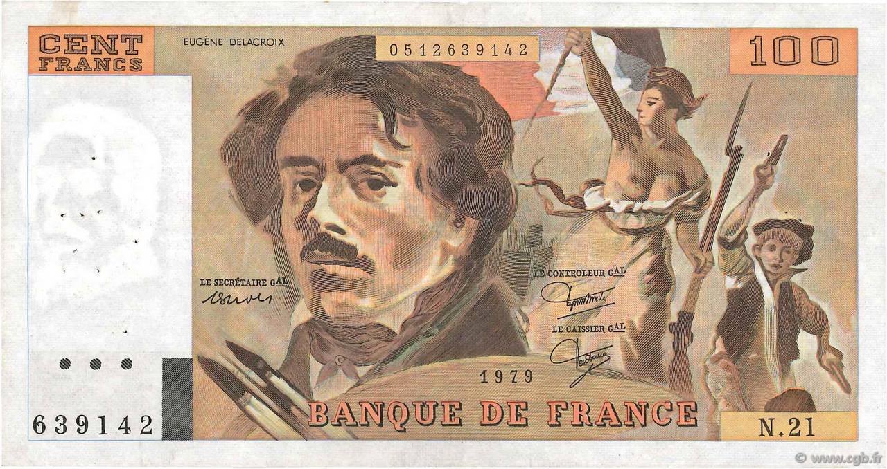 100 Francs DELACROIX modifié FRANCE  1979 F.69.03 VF