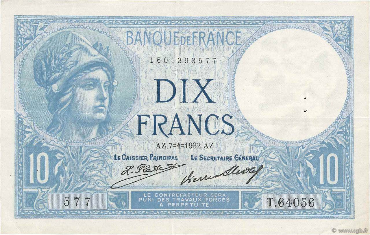 10 Francs MINERVE FRANCE  1932 F.06.16 TTB+