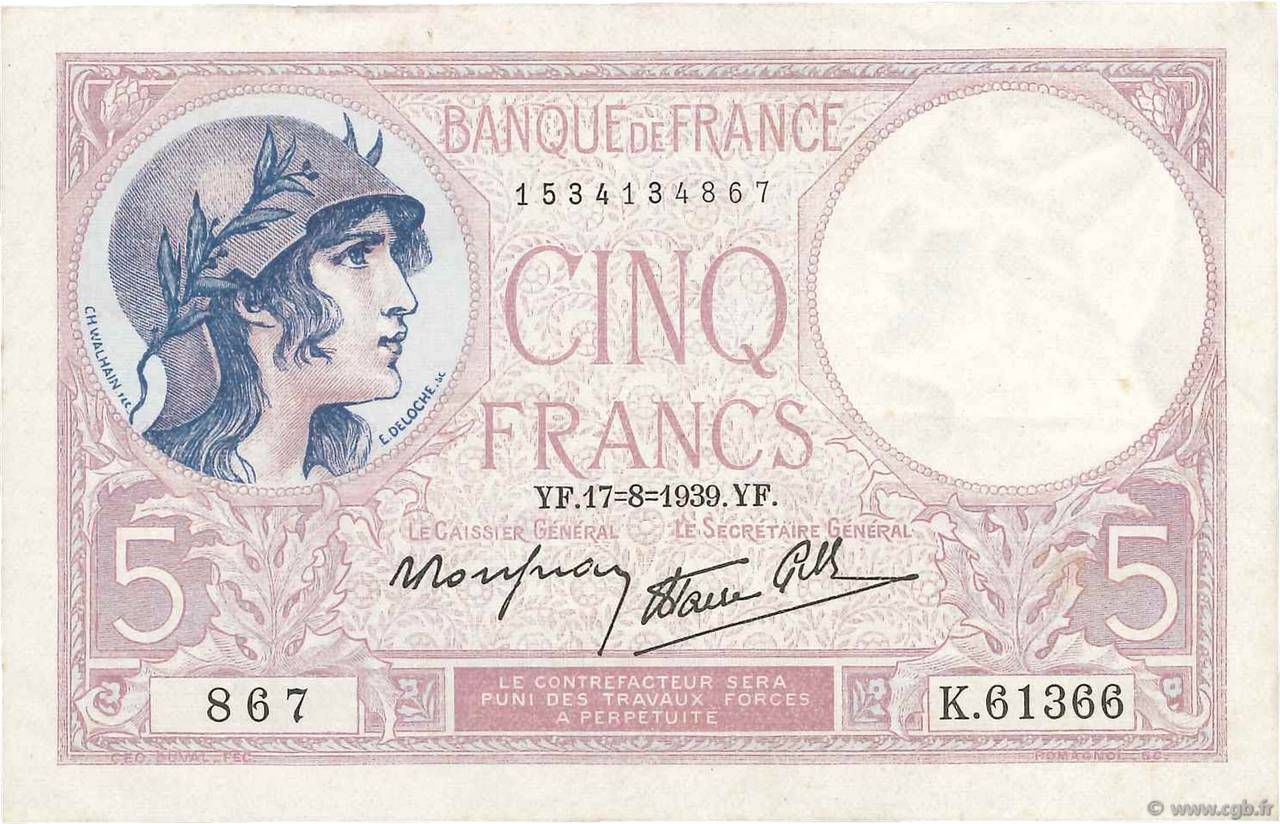 5 Francs FEMME CASQUÉE modifié FRANCE  1939 F.04.06 TTB+