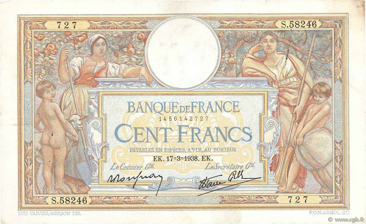 100 Francs LUC OLIVIER MERSON type modifié FRANCE  1938 F.25.13 TTB