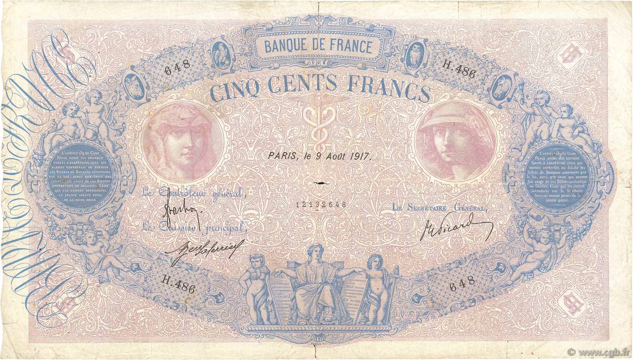 500 Francs BLEU ET ROSE FRANCE  1917 F.30.23 B+
