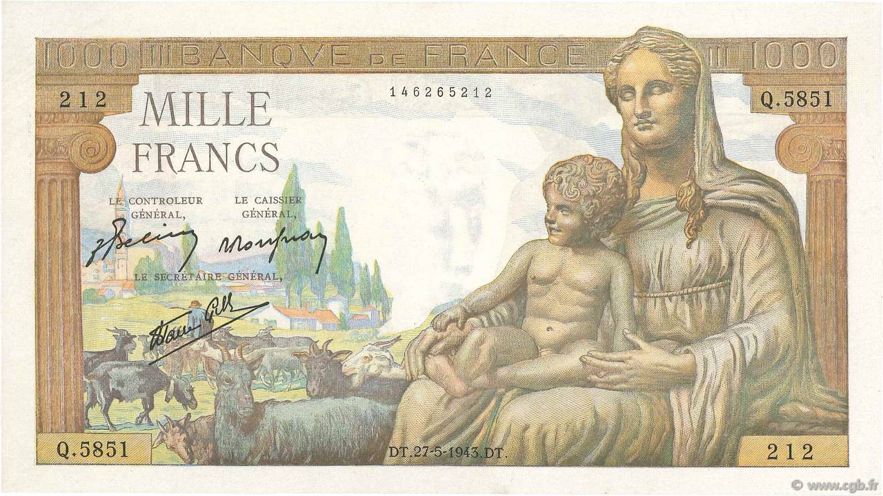 1000 Francs DÉESSE DÉMÉTER FRANCE  1943 F.40.25 SUP
