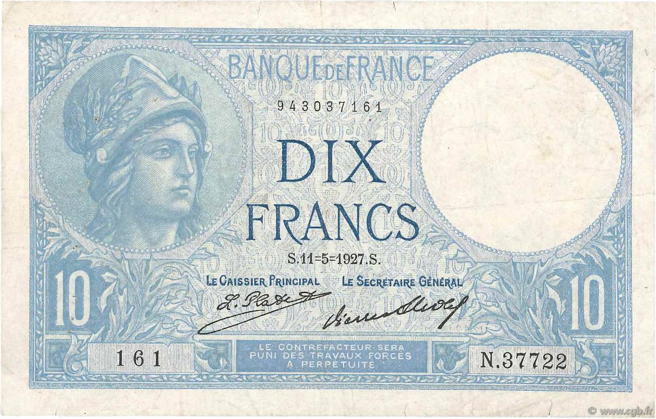 10 Francs MINERVE FRANCE  1927 F.06.12 TB
