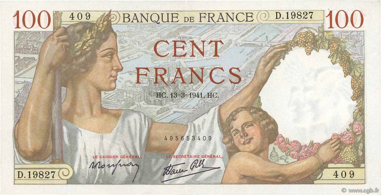 100 Francs SULLY FRANCE  1941 F.26.48 SPL