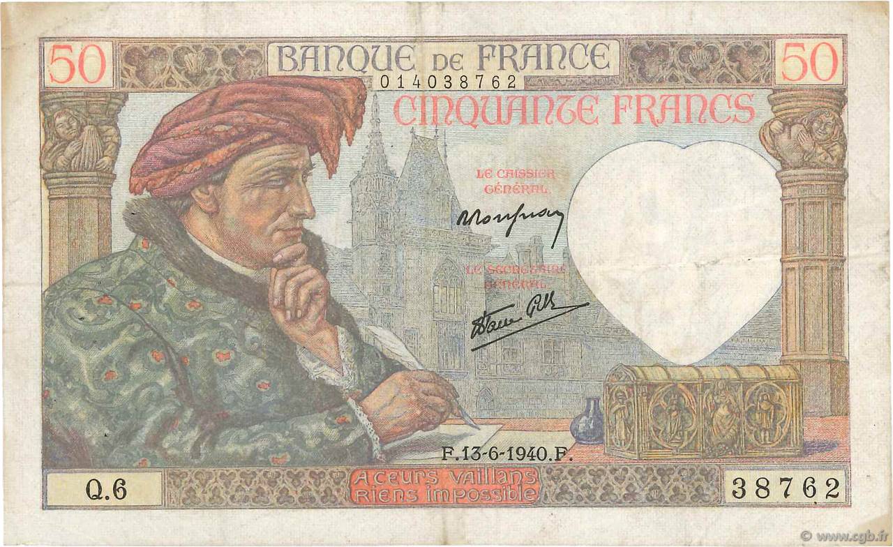 50 Francs JACQUES CŒUR FRANCE  1940 F.19.01 TB+
