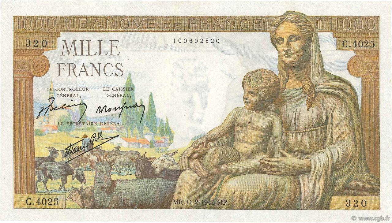 1000 Francs DÉESSE DÉMÉTER FRANCE  1943 F.40.18 SPL