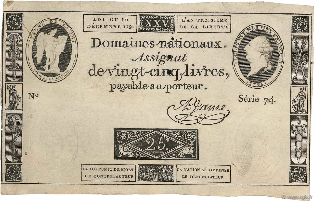 25 Livres FRANCE  1791 Ass.22a TB