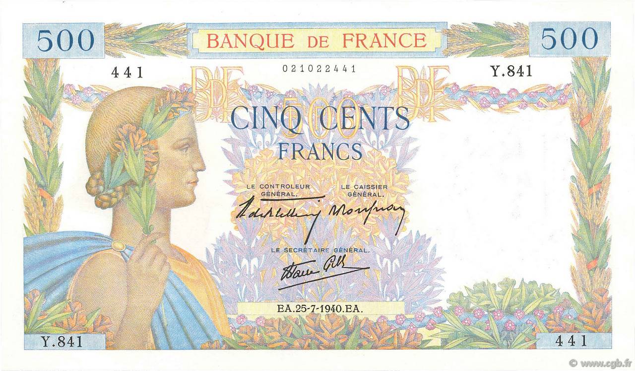 500 Francs LA PAIX FRANCE  1940 F.32.05 NEUF