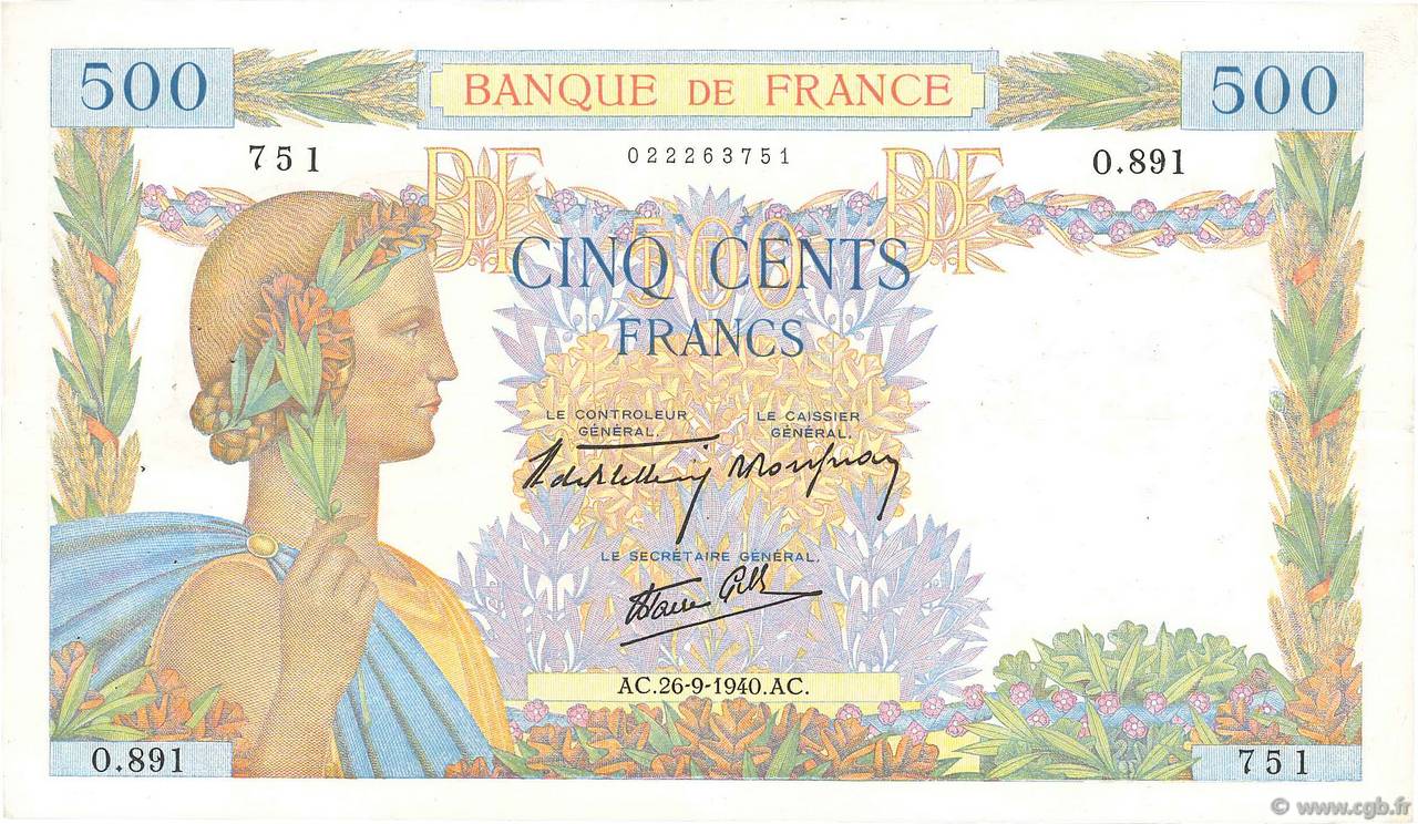 500 Francs LA PAIX FRANCE  1940 F.32.06 VF
