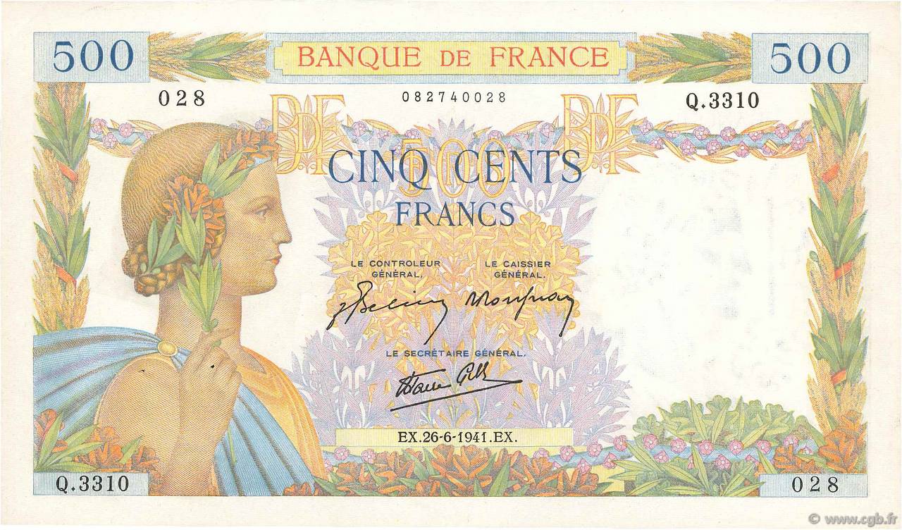 500 Francs LA PAIX FRANCE  1941 F.32.19 pr.SPL