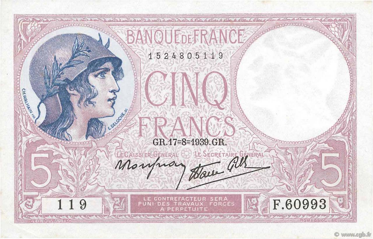 5 Francs FEMME CASQUÉE modifié FRANCE  1939 F.04.06 pr.SUP