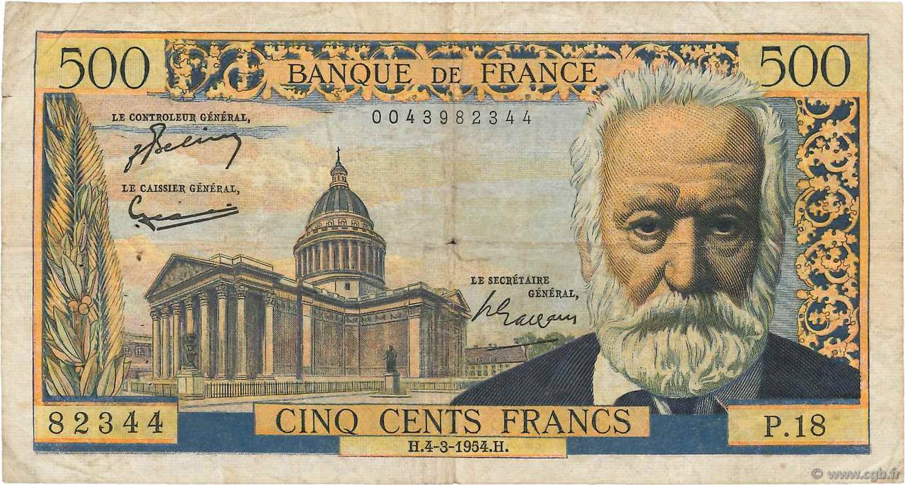 500 Francs VICTOR HUGO FRANCE  1954 F.35.02 pr.TB