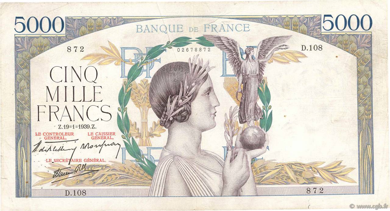 5000 Francs VICTOIRE Impression à plat FRANCE  1939 F.46.02 TB+