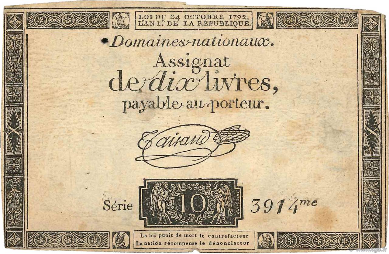 10 Livres filigrane royal FRANCE  1792 Ass.36a TB