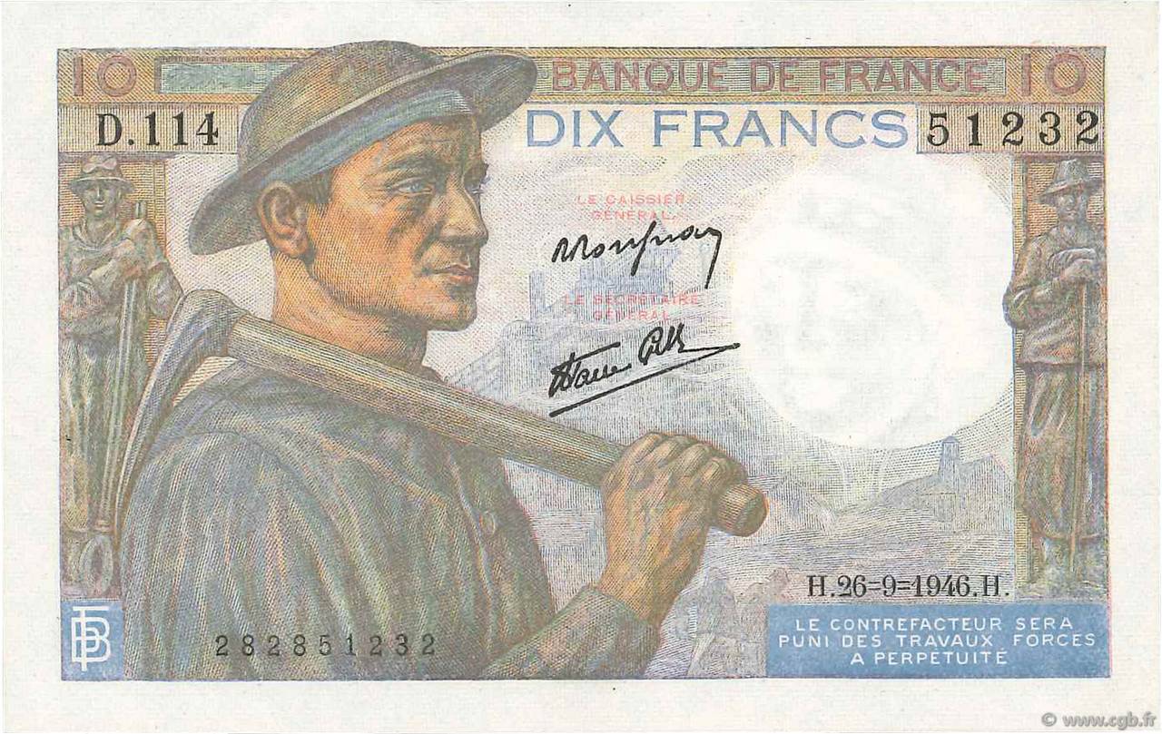 10 Francs MINEUR FRANCE  1946 F.08.15 pr.SUP