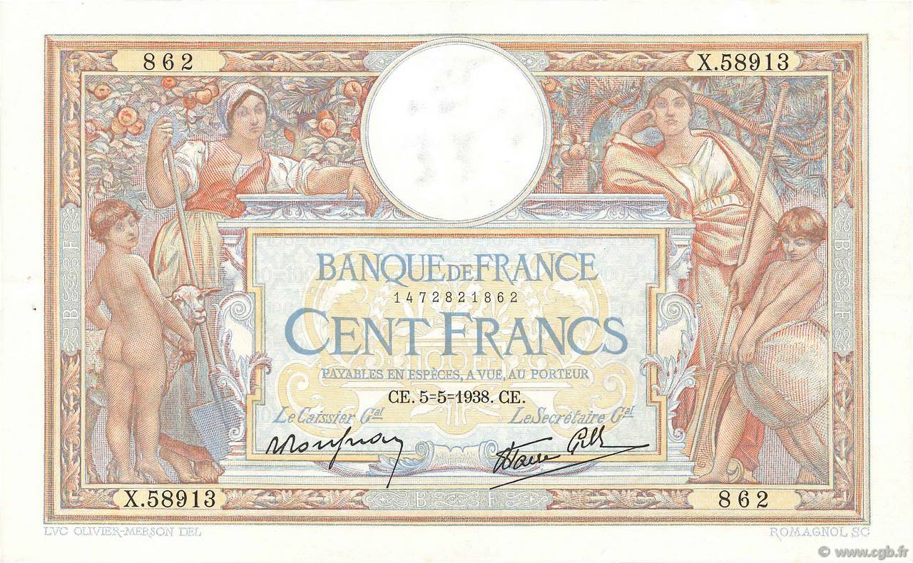 100 Francs LUC OLIVIER MERSON type modifié FRANCE  1938 F.25.17 pr.SUP
