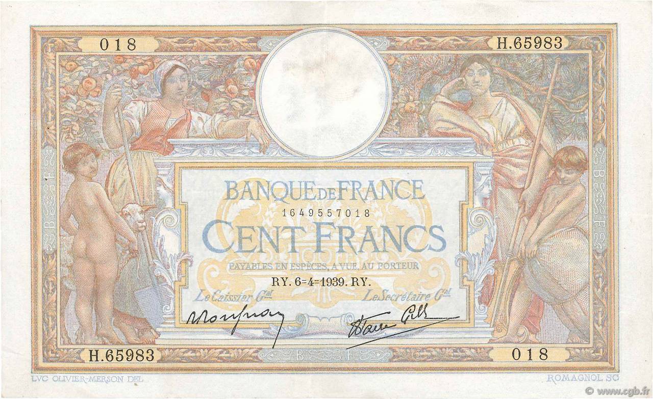 100 Francs LUC OLIVIER MERSON type modifié FRANCE  1939 F.25.45 TTB+