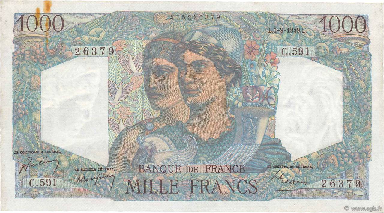 1000 Francs MINERVE ET HERCULE FRANCE  1949 F.41.28 TTB