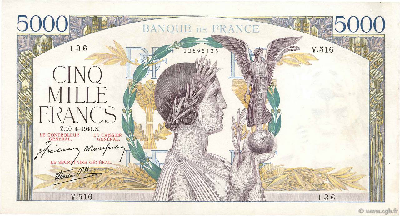 5000 Francs VICTOIRE Impression à plat FRANCE  1941 F.46.19 TTB