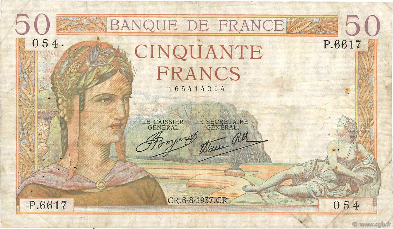 50 Francs CÉRÈS modifié FRANCE  1937 F.18.01 pr.TB