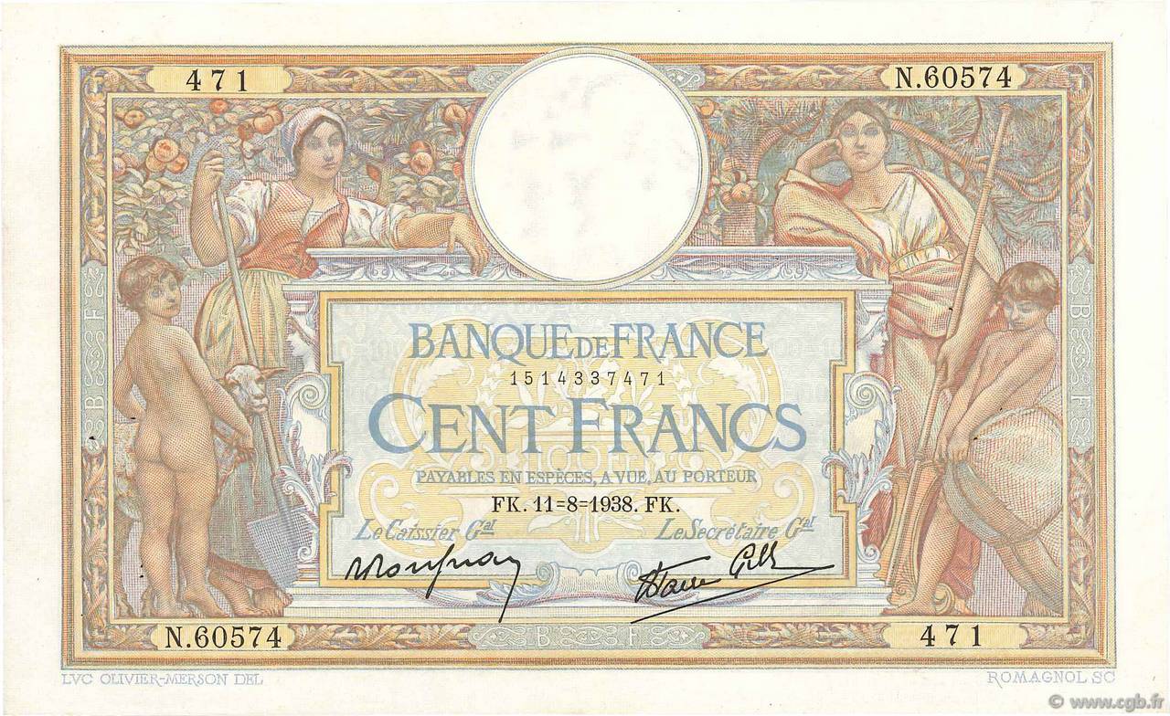 100 Francs LUC OLIVIER MERSON type modifié FRANCE  1938 F.25.28 TTB