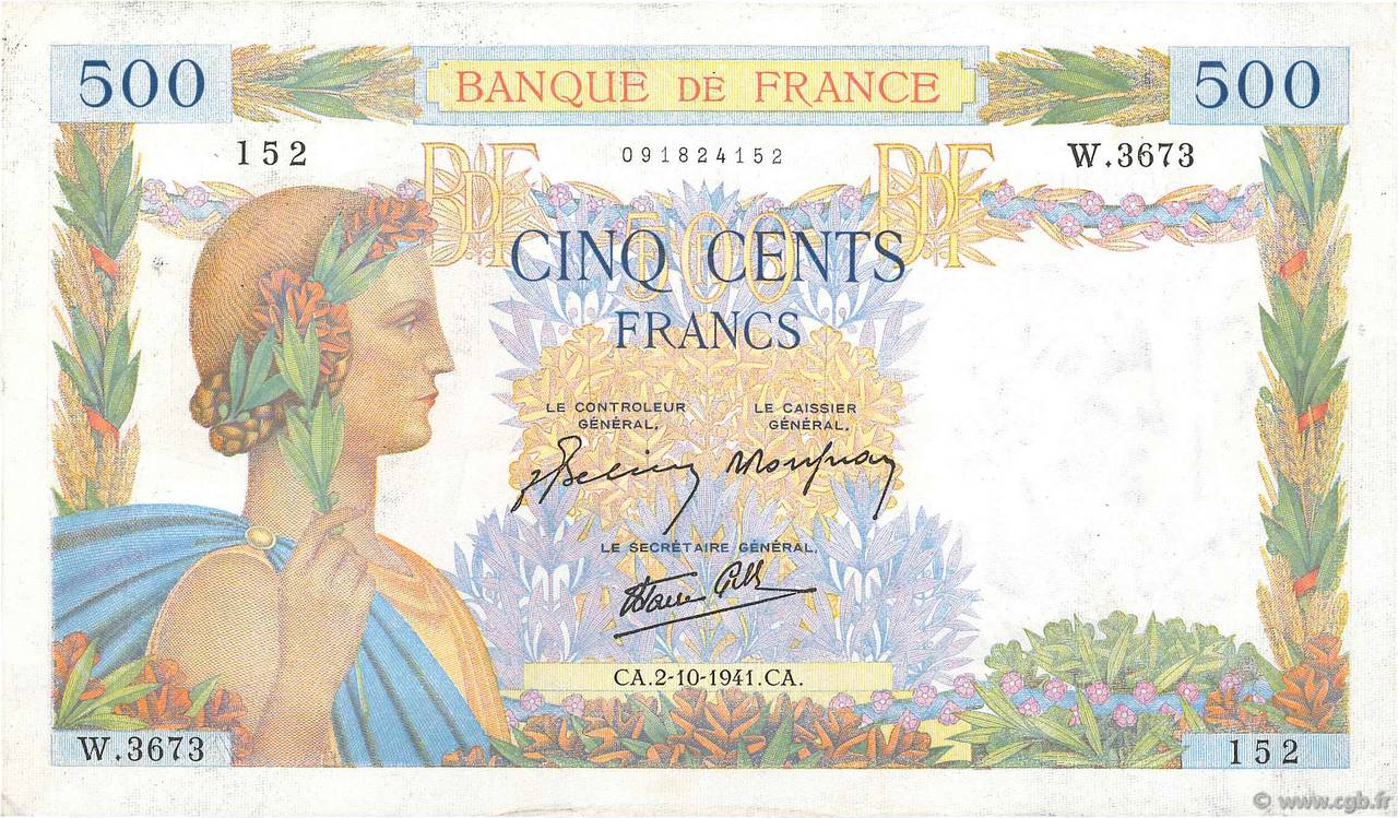 500 Francs LA PAIX FRANCE  1941 F.32.22 TTB
