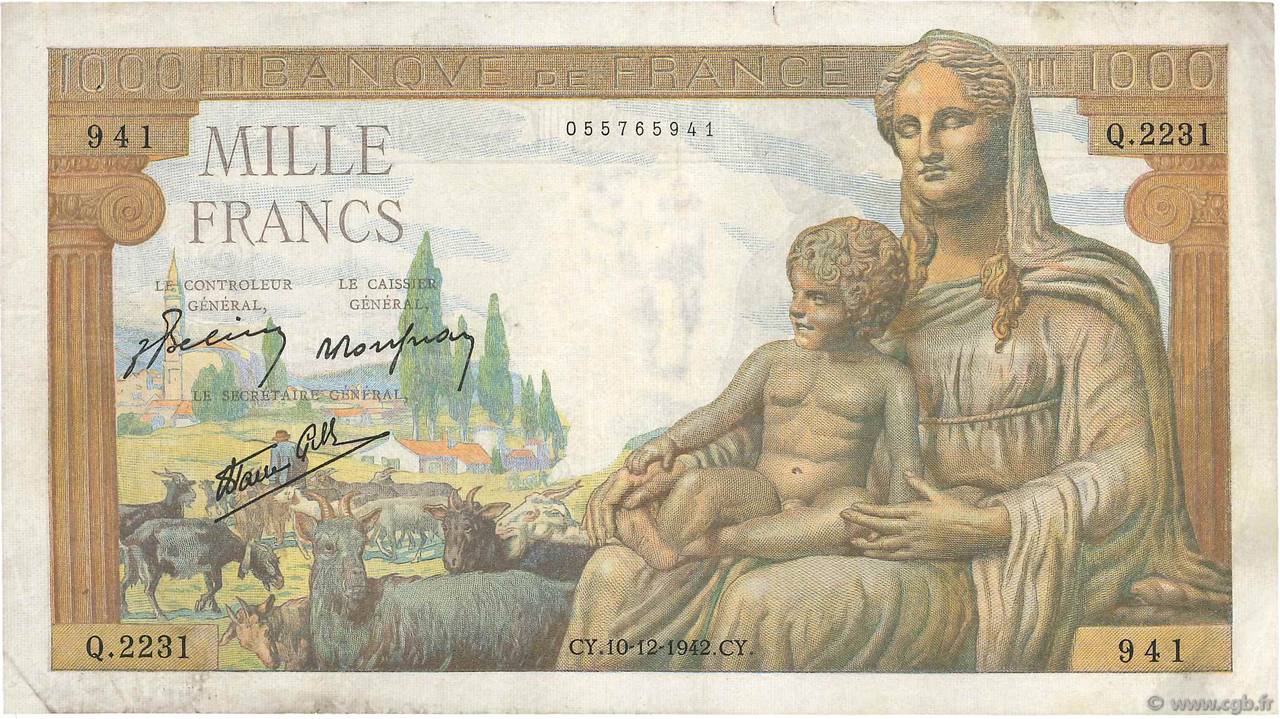 1000 Francs DÉESSE DÉMÉTER FRANCE  1942 F.40.13 TB