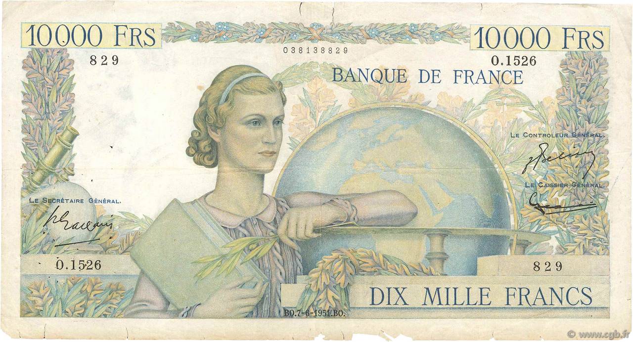 10000 Francs GÉNIE FRANÇAIS FRANCE  1951 F.50.51 B