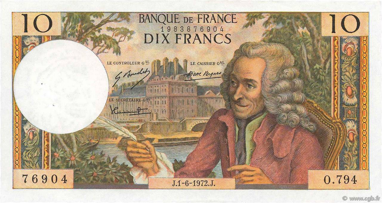 10 Francs VOLTAIRE FRANCE  1972 F.62.57 SPL