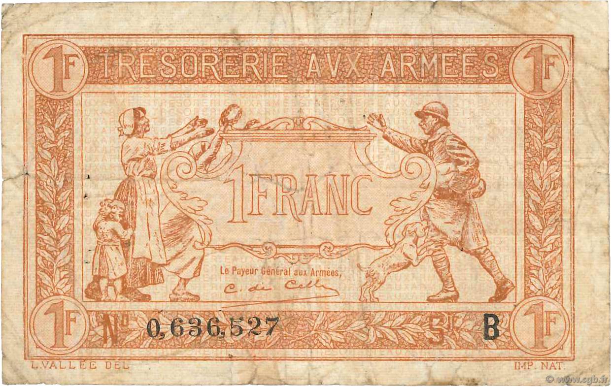 1 Franc TRÉSORERIE AUX ARMÉES 1917 FRANCE  1917 VF.03.02 pr.TB