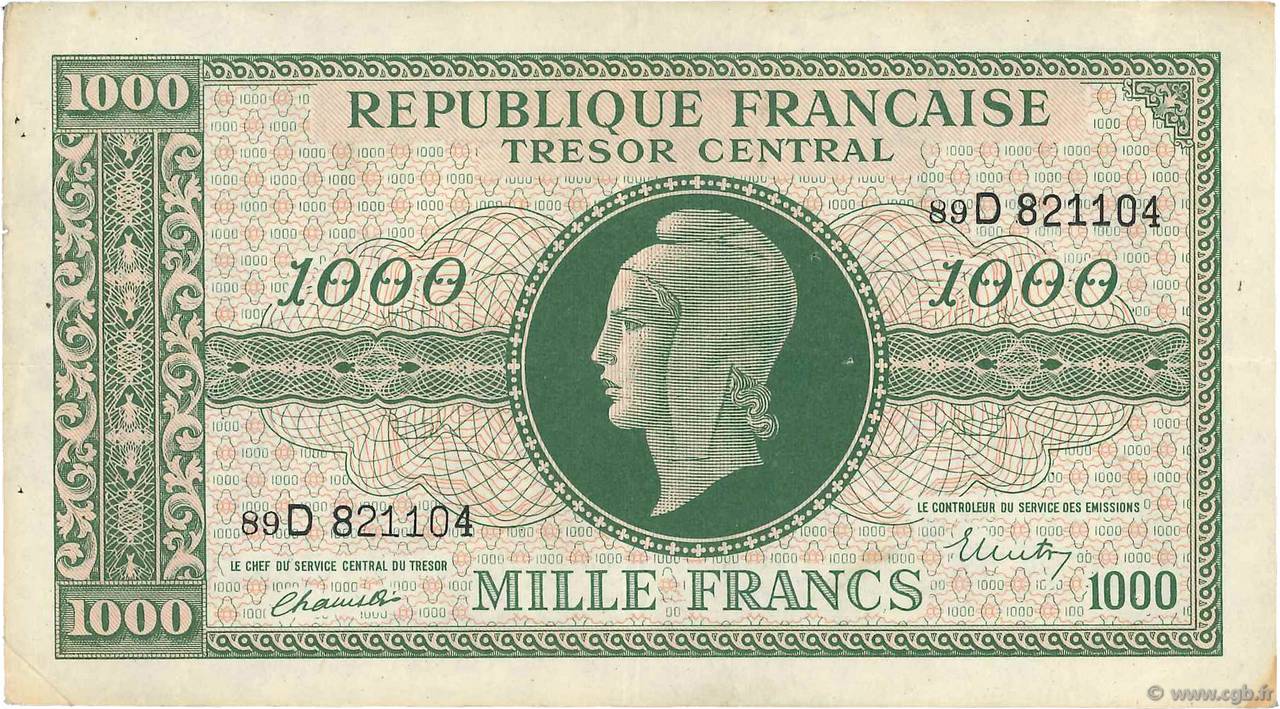 1000 Francs MARIANNE THOMAS DE LA RUE FRANCE  1945 VF.13.01 pr.TTB