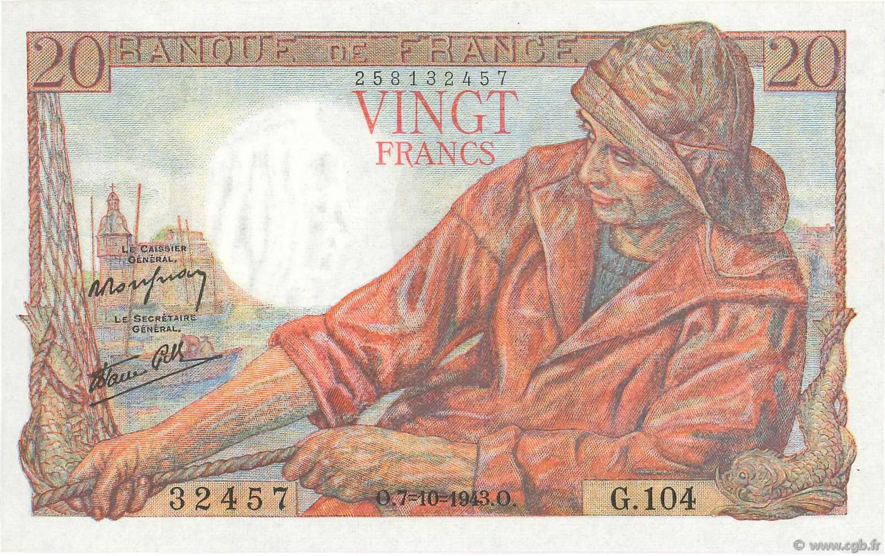 20 Francs PÊCHEUR FRANCE  1943 F.13.07 pr.SPL