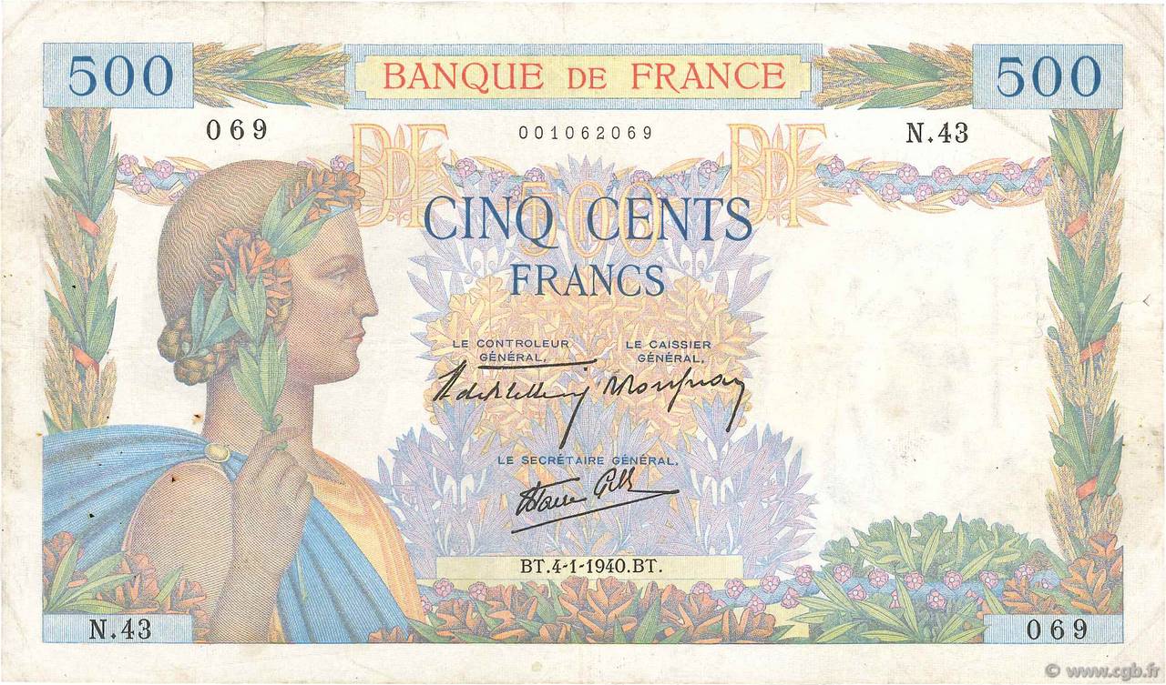 500 Francs LA PAIX FRANCE  1940 F.32.01 TB