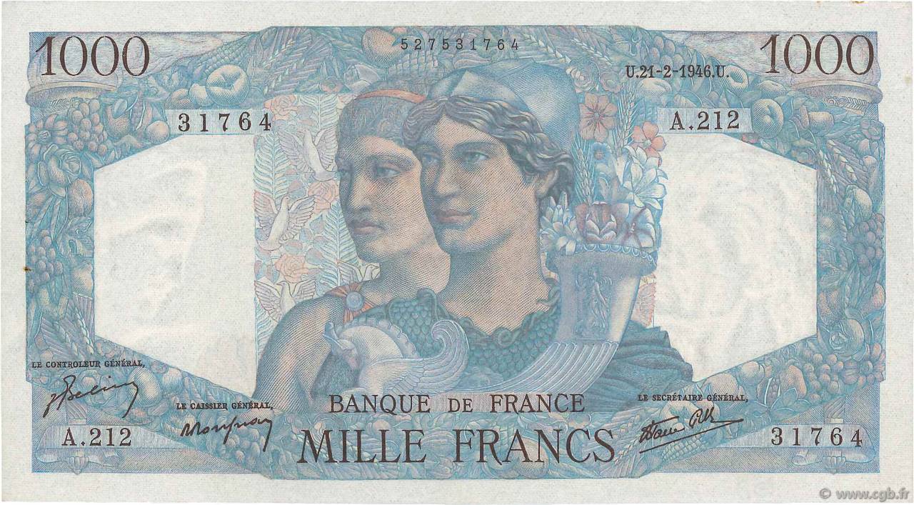 1000 Francs MINERVE ET HERCULE FRANCE  1946 F.41.11 SUP