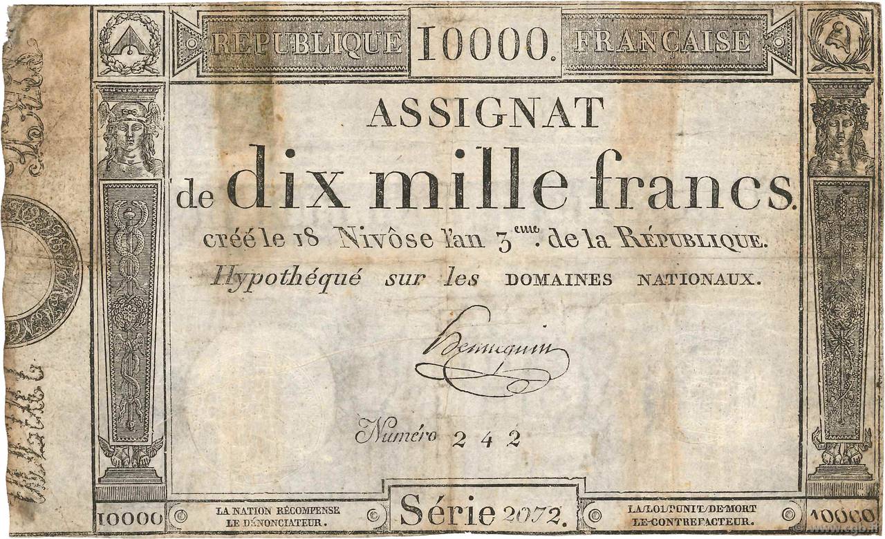 10000 Francs FRANCE  1795 Ass.52a B+