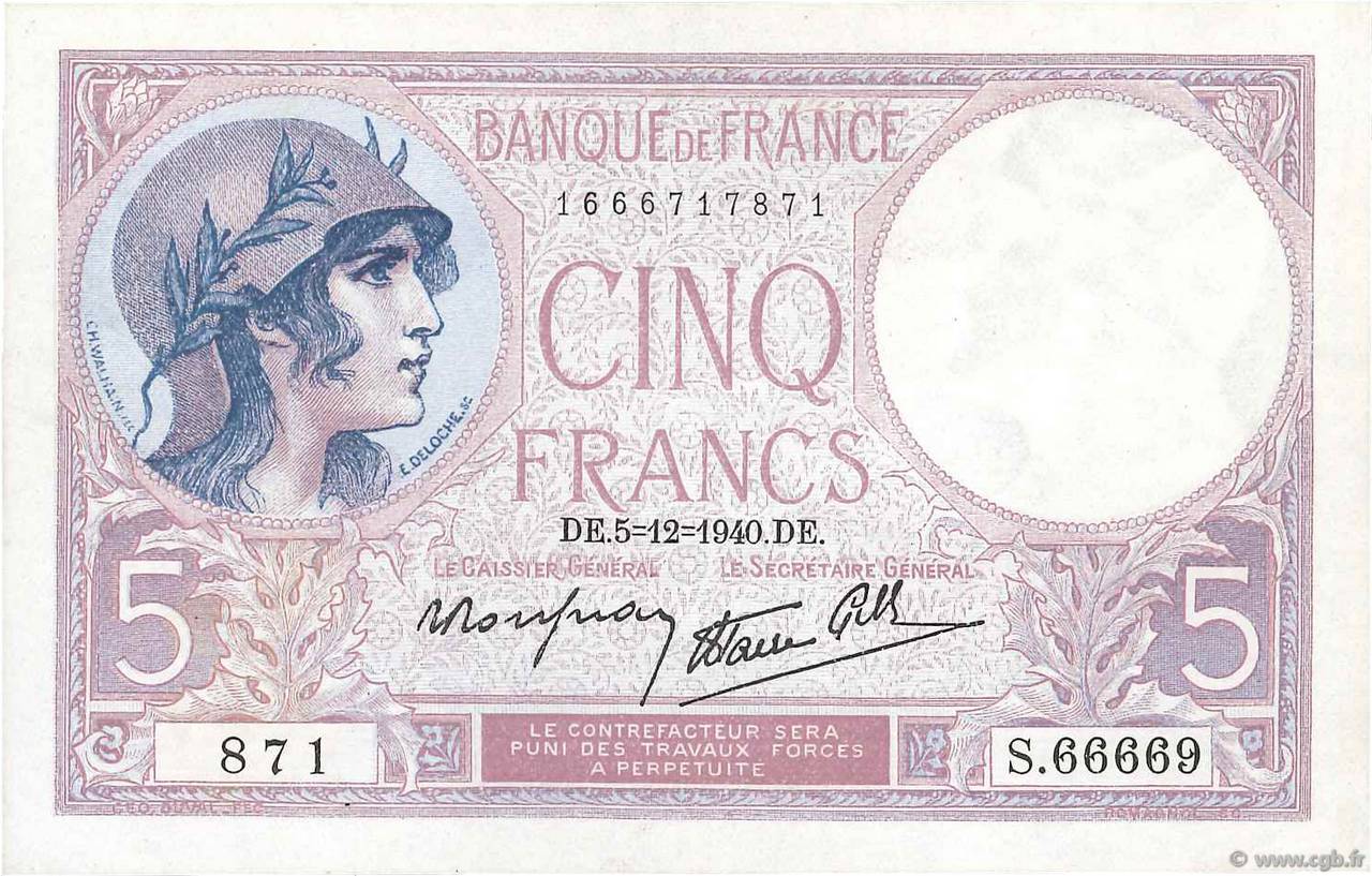 5 Francs FEMME CASQUÉE modifié FRANCE  1940 F.04.16 XF
