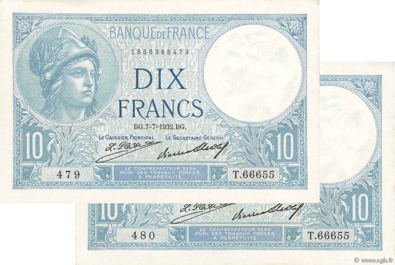 10 Francs MINERVE Consécutifs FRANCE 1932 F.06.16 SPL