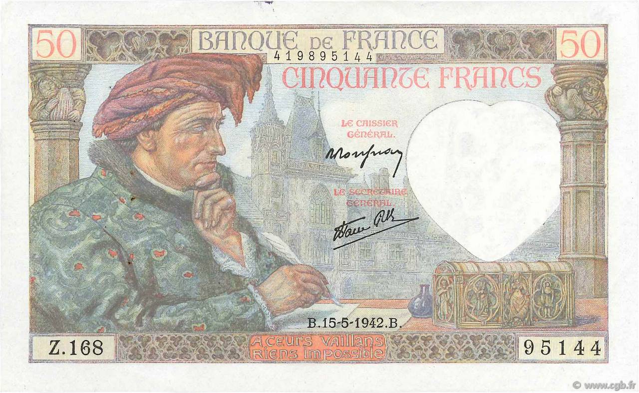 50 Francs JACQUES CŒUR FRANCE 1942 F.19.20 TTB+