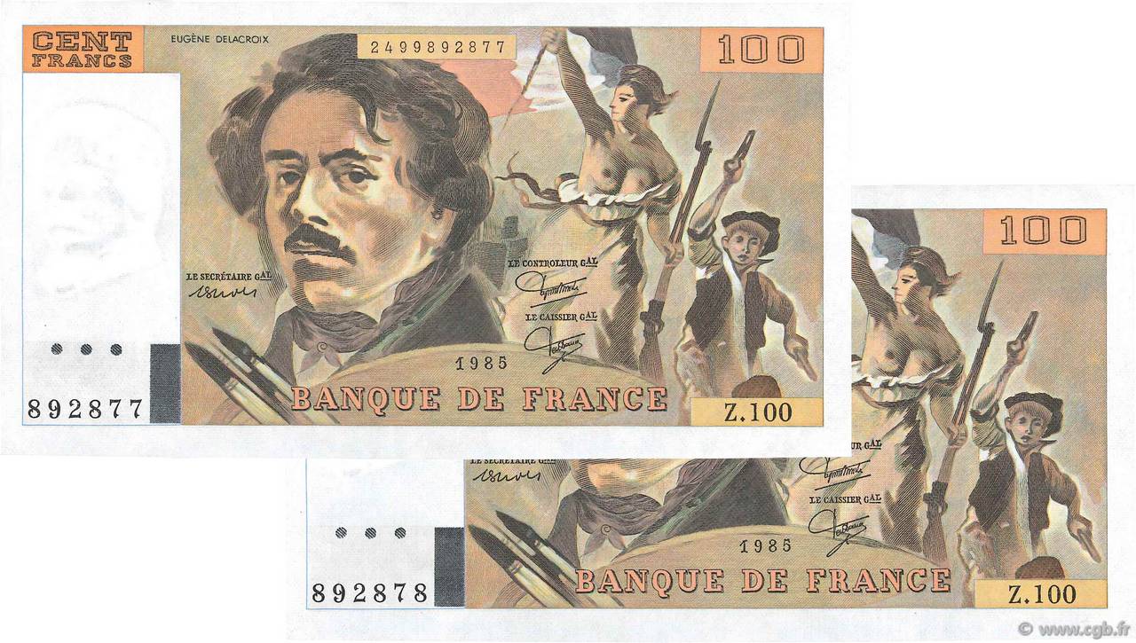 100 Francs DELACROIX modifié Consécutifs FRANCE 1985 F.69.09 pr.SPL